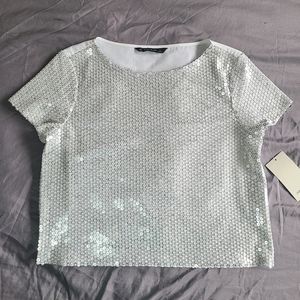 NWT Zara Basic Silver Sequin Top Size L